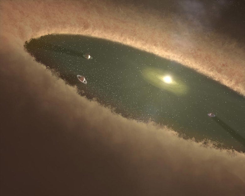 Artist's illustration shows how planets could form in a transition disk around a star similar to LkCa 15. By isolating the hydrogen-alpha light from the vicinity of that star, astronomers at Stanford and the University of Arizona were able to identify a planet in the early stages of formation. (NASA/JPL-Caltech)