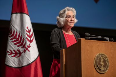 Provost Persis Drell formally greets admits and their families to Stanford at the University Welcome.