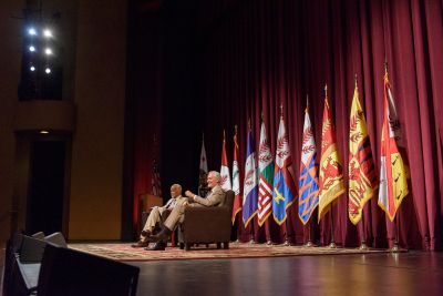 Vice Provost Harry Elam and President Marc Tessier-Lavigne join in conversation at Memorial Auditorium.