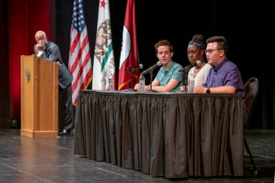 A student panel answers questions during the University Welcome at Memorial Auditorium.