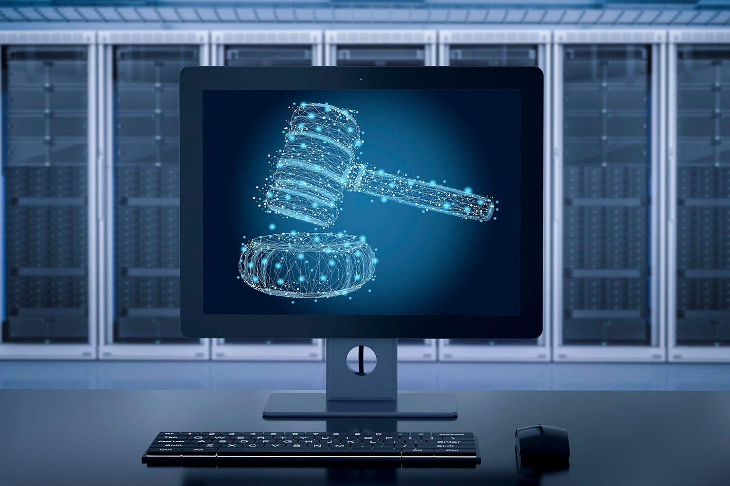 Internet law concept with 3D rendering on computer monitor displaying a judge's gavel