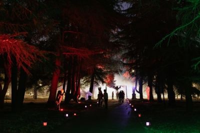 Lights and props along pathway to the Mausoleum