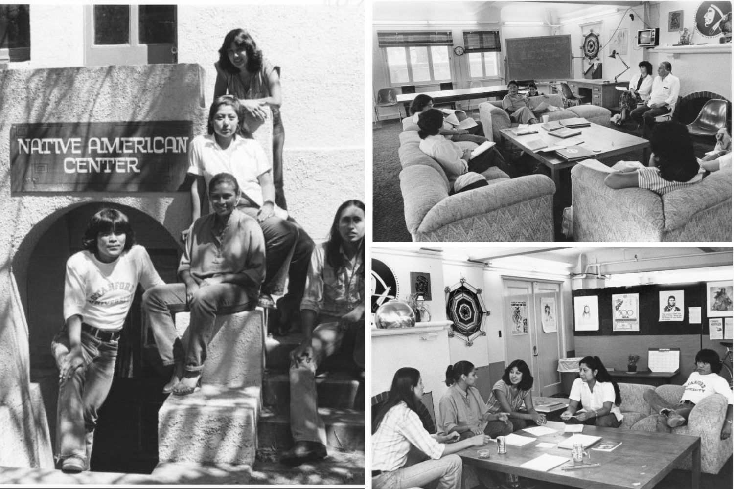 A compilation of black and white photos depicting Native Stanford students at the NACC in the 1970s.