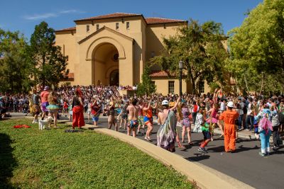 The Stanford Band gives its signature welcome to the prospective students.