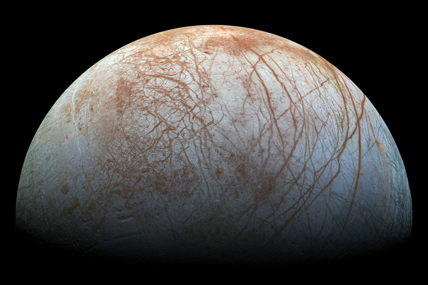 Reprocessed color view of Jupiter's moon Europa, made from images taken by NASA’s Galileo spacecraft in the late 1990s. 