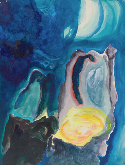 An abstract painting with a blue background, gray rocklike structures, and a glowing yellow orb.