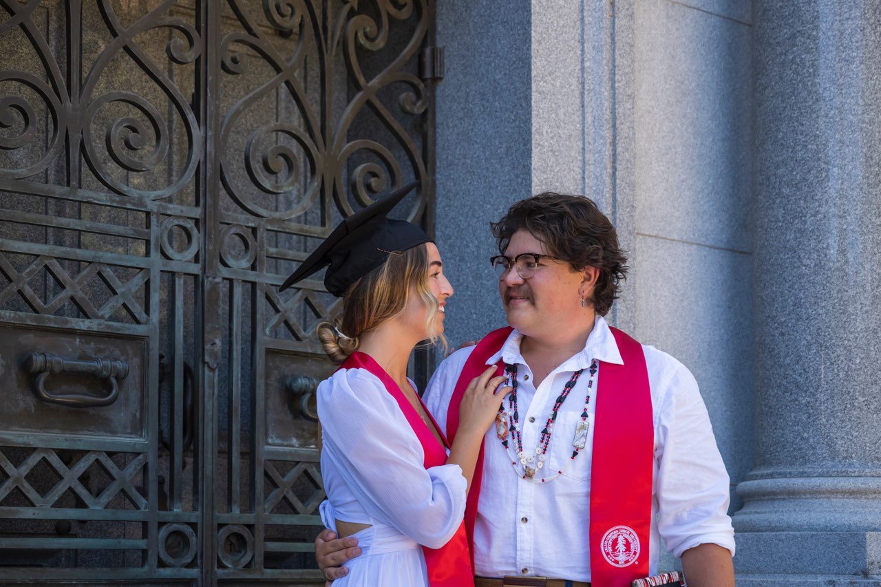 Image of Caroline Kushel and Dahkota Brown in front of Memorial Church.