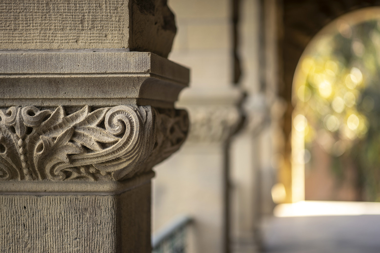 Detail of sandstone pillar at Encina Hall.