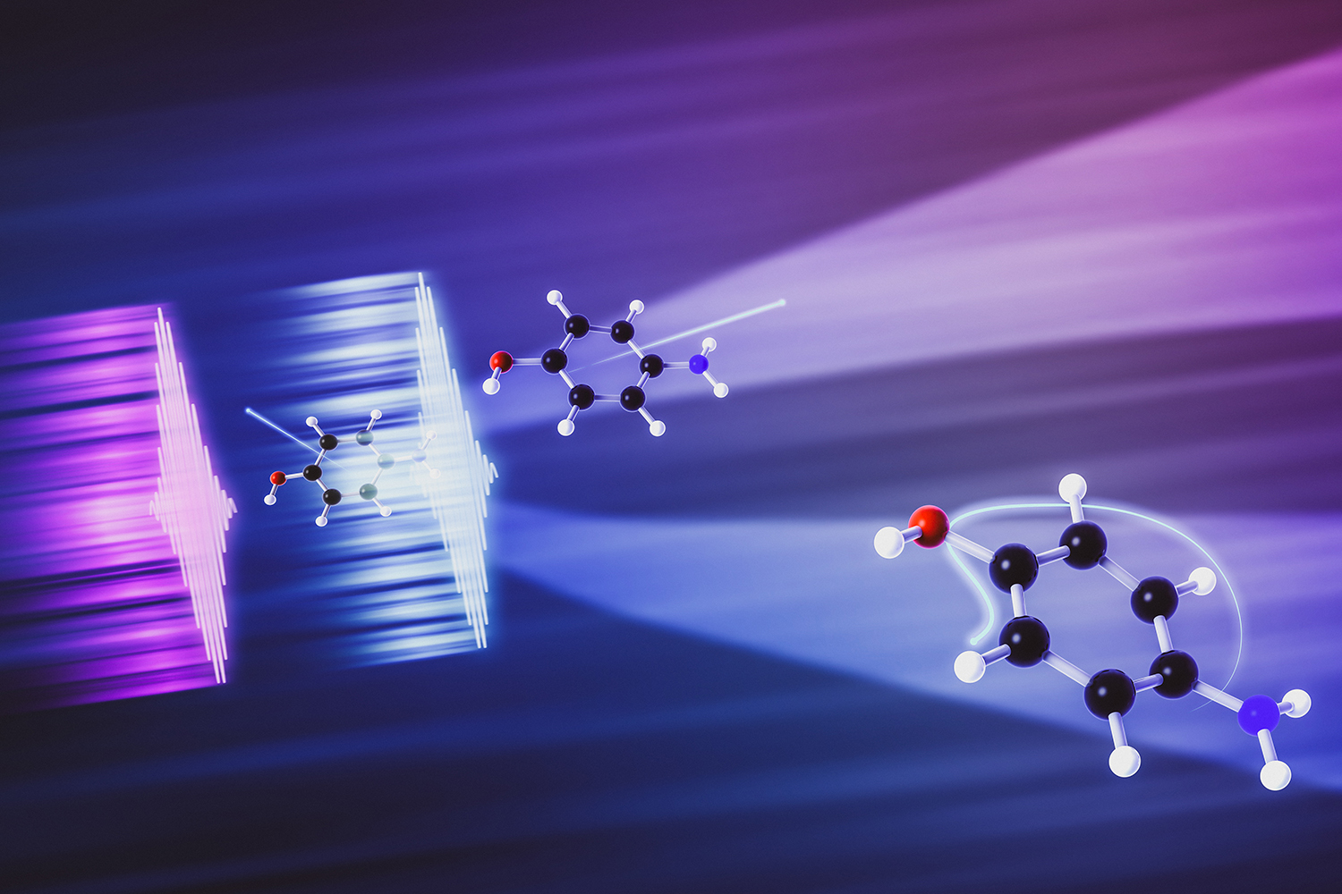 A colorful scientific illustration shows laser light interacting with molecular structures against a blue and purple background.