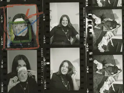 Three strips of film next to each other, each showing a young woman laughing, holding a mask, or relaxing in a chair surrounded by props.