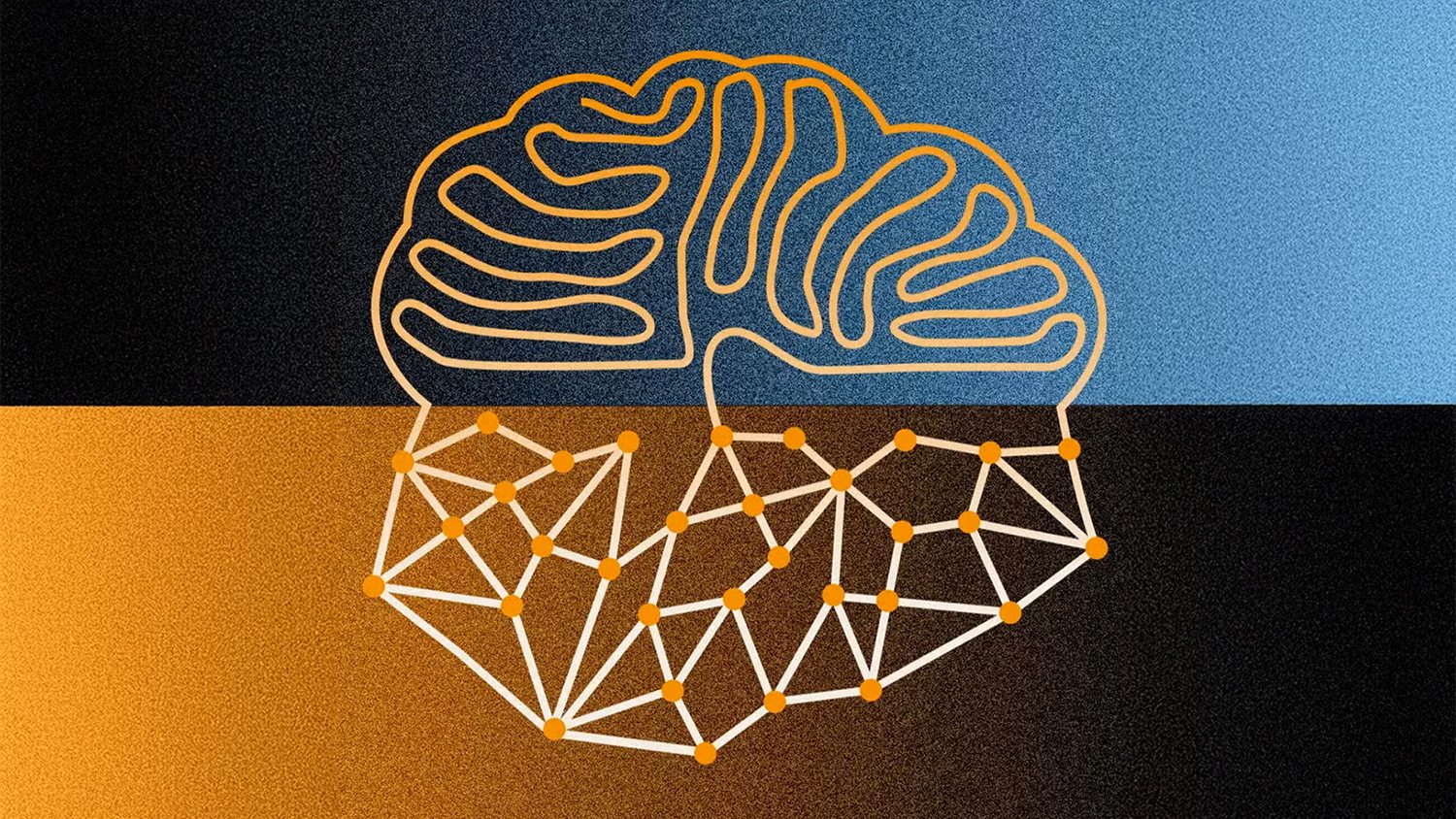 Illustration of a human brain, half being natural and half being digital nodes.