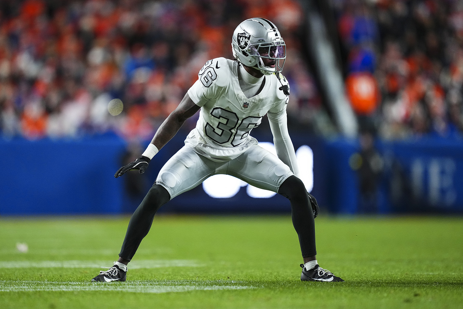 Kyu Blu Kelly #36 of the Las Vegas Raiders defends in coverage during an NFL football game against the Denver Broncos at Empower Field at Mile High on November 6, 2025 in Denver, Colorado.