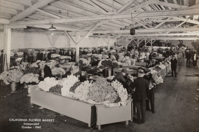 Historical postcard of California Flower Market