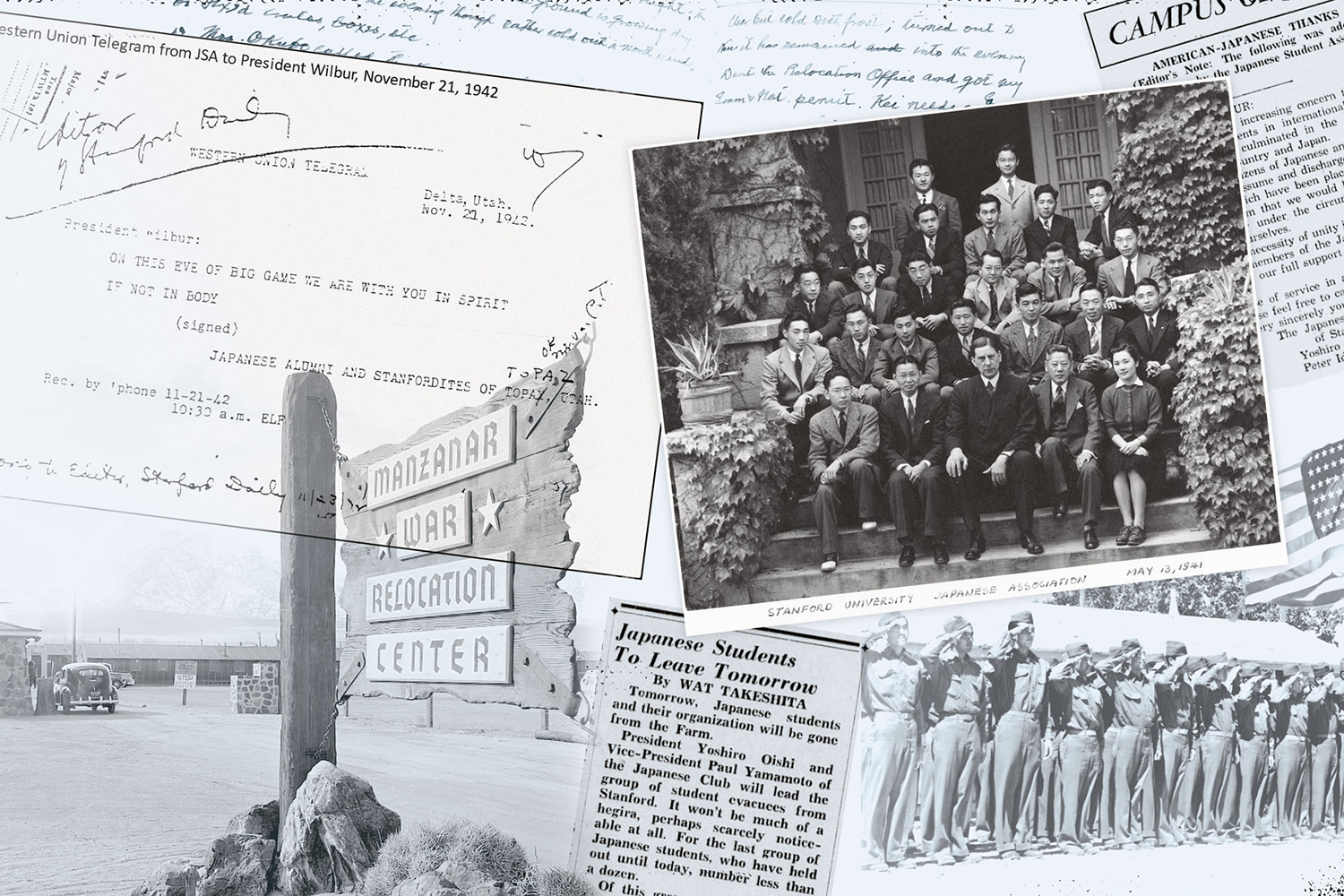 A collage of black-and-white historical documents, photos, and newspaper clippings related to Japanese American students at Stanford during World War II incarceration.