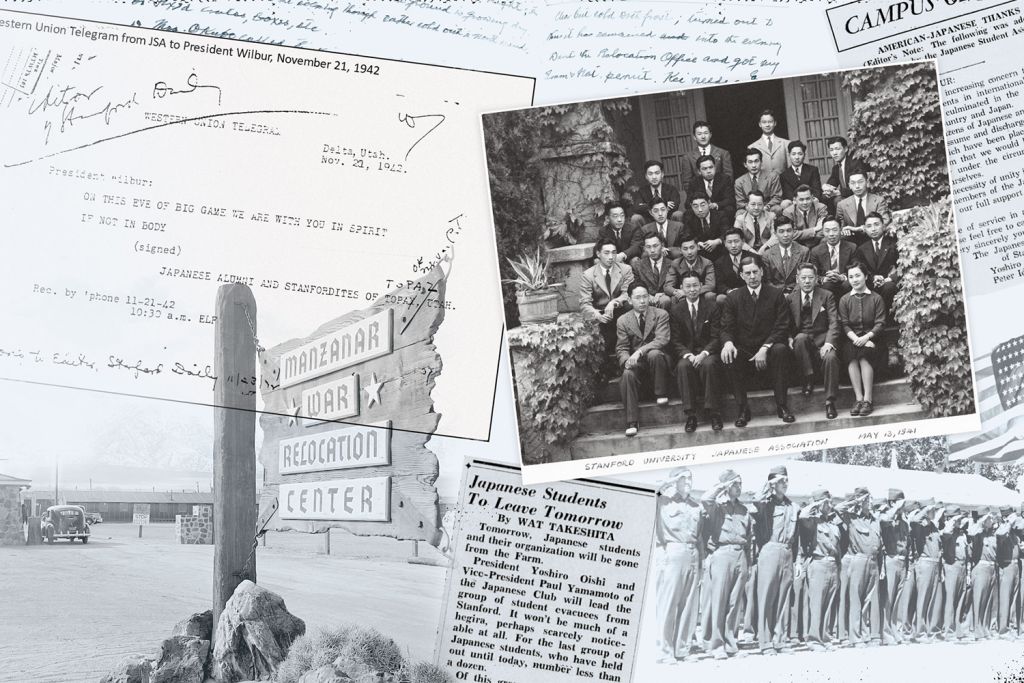 A collage of black-and-white historical documents, photos, and newspaper clippings related to Japanese American students at Stanford during World War II incarceration.