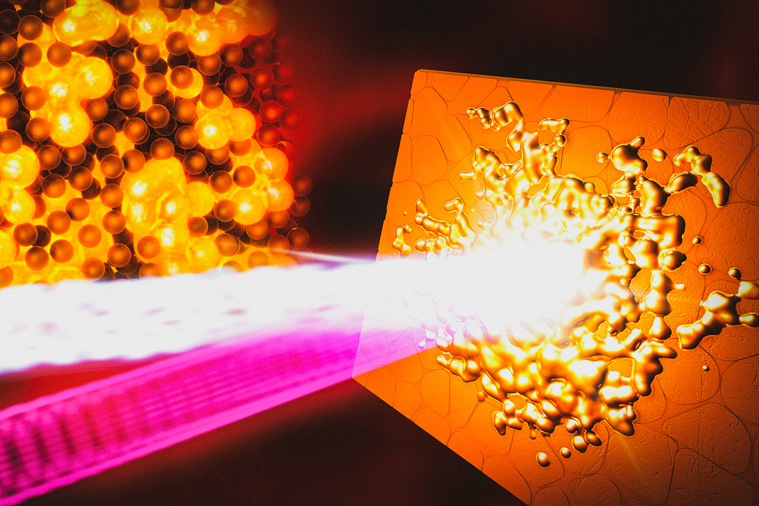 Artist's illustration of a bright laser beam striking a copper surface and melting it into glowing droplets, beside a cluster of atoms.