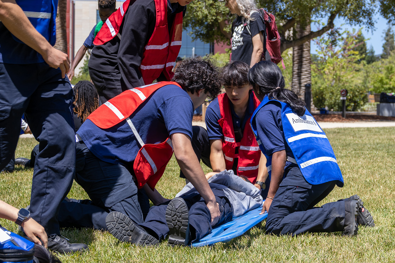 Student emergency responders in red and blue vests kneel on a lawn around a person lying on a blue backboard during a training drill.
