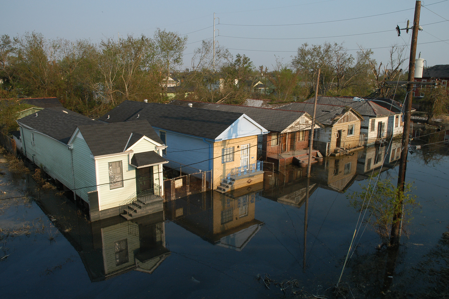 Houses in Seventh Ward of New Orleans surrounded by floodwater more than a week after Hurricane Katrina made landfall in August 2005.