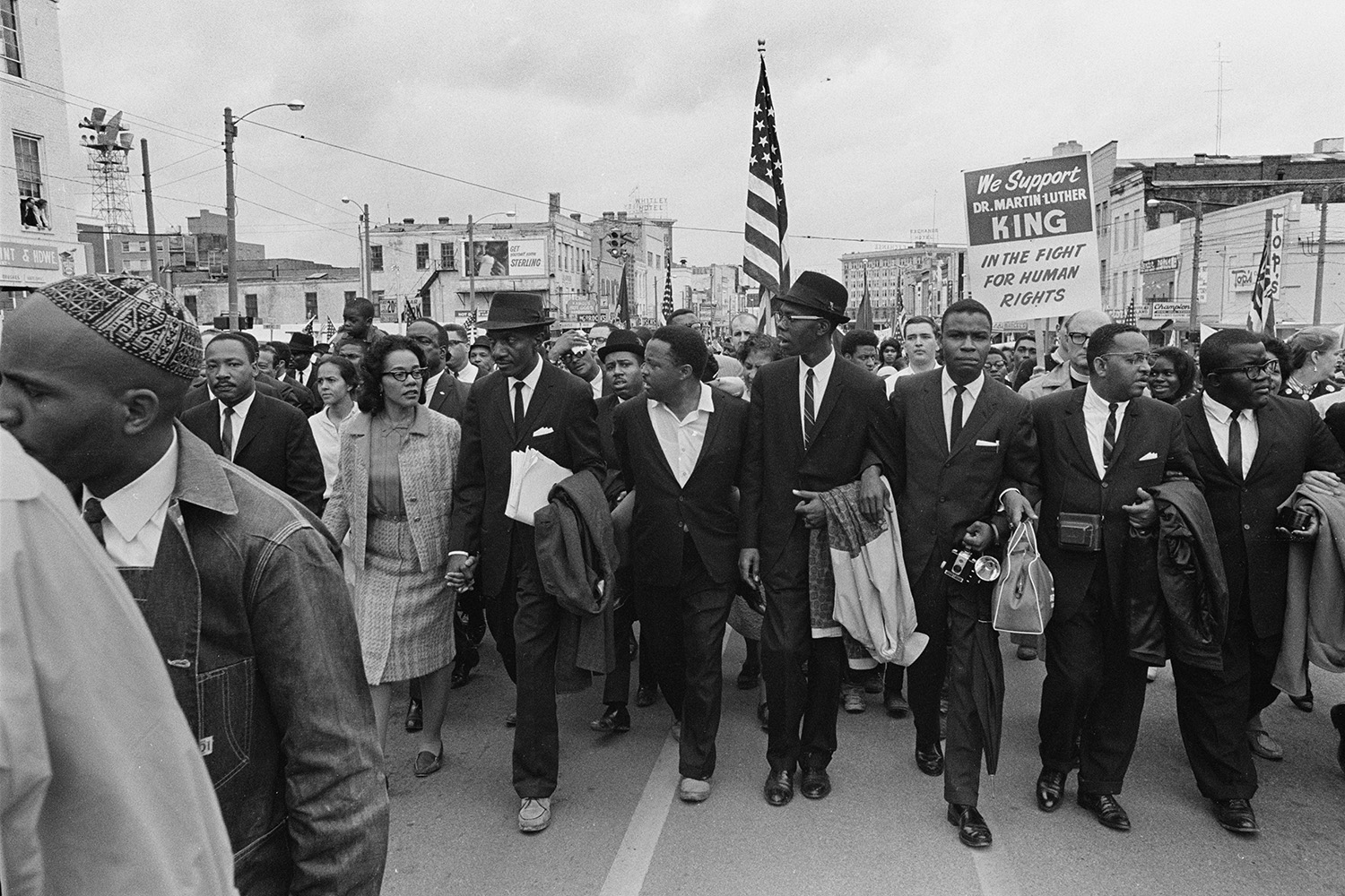 Coretta Scott King and Martin Luther King Jr. join demonstrators on the march.