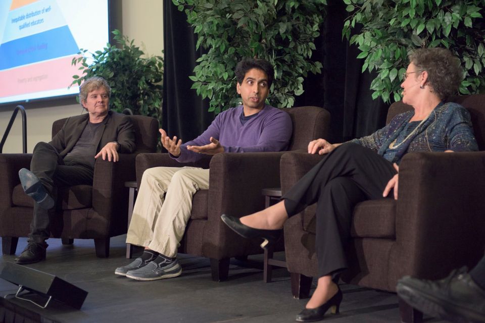 left to right: Sean Reardon, Salman Khan and Linda Darling-Hammond, panelists at OpenXChange event, "Combating Inequality in Education"