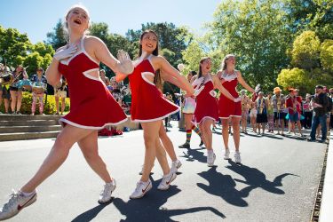 The Stanford Band and the Dollies entertain the Admit Weekend crowd.