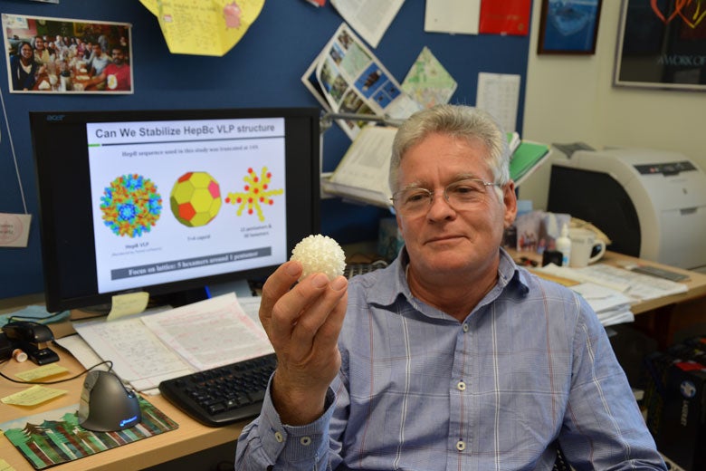 Professor James Swartz holds an enlarged replica of a virus-like particle.