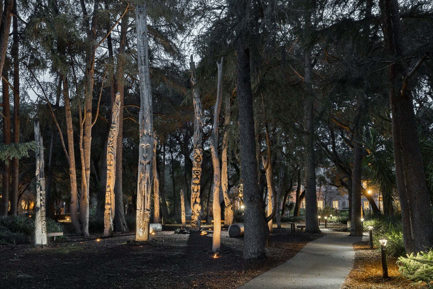 Carved wooden poles installed vertically in a grove of trees on the Stanford campus.