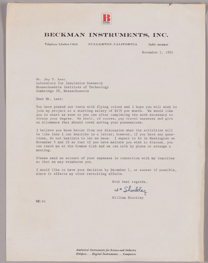 Image of the paper with Shockley's job offer written on it.