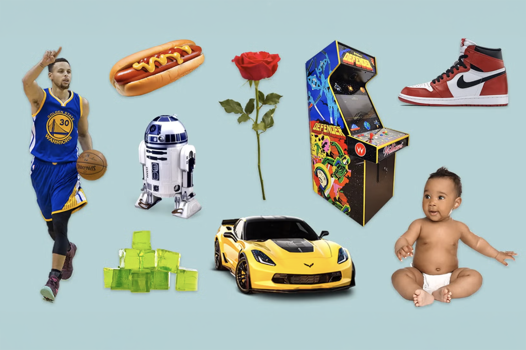 Various 'inventions' of GSB alumni on a light blue background, including a Corvette Stingray, Air Jordans, a video game, Jell-O jigglers and more.