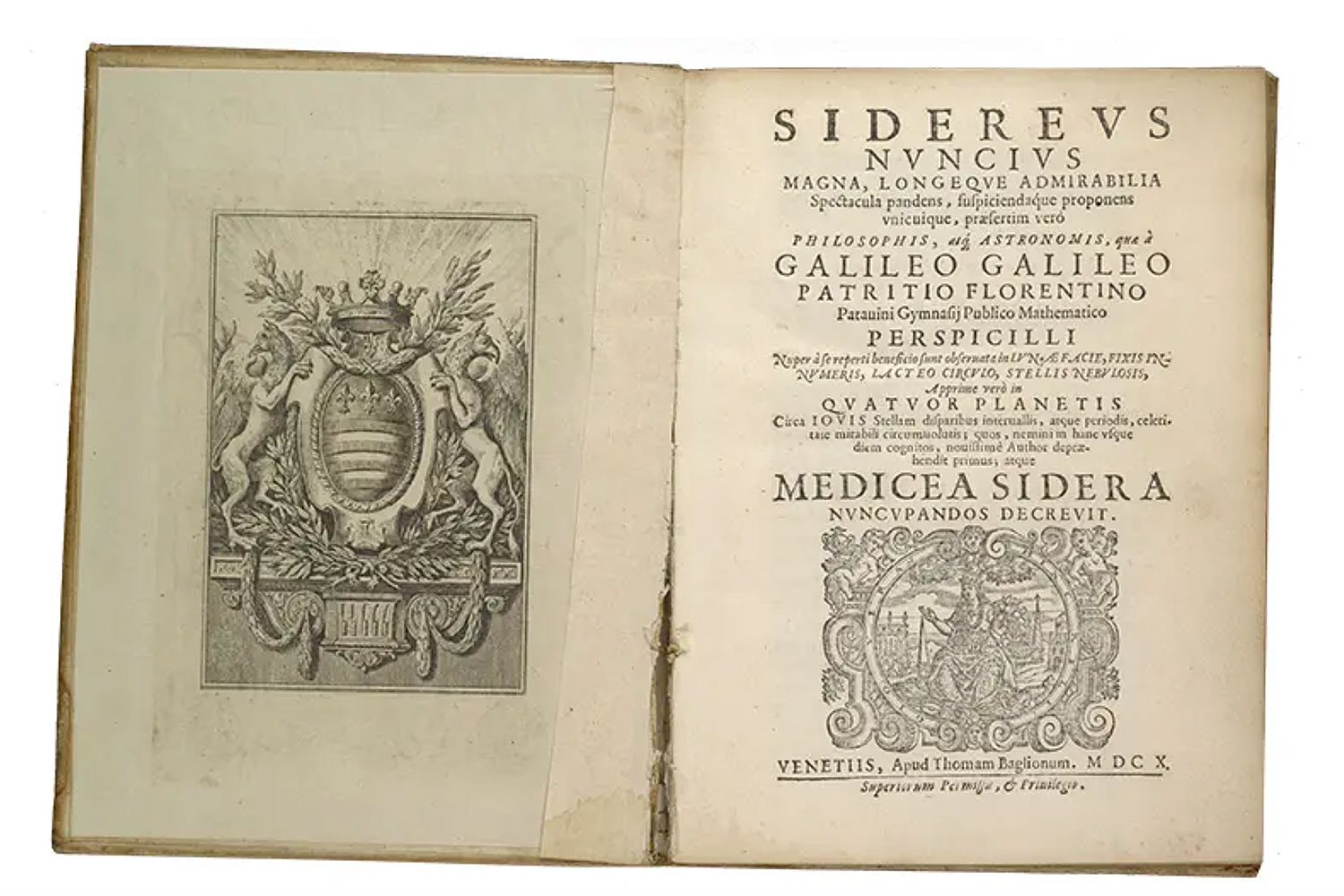 A historic book page featuring Galileo's work on astronomy, with an illustration of a coat of arms and an ornate title.