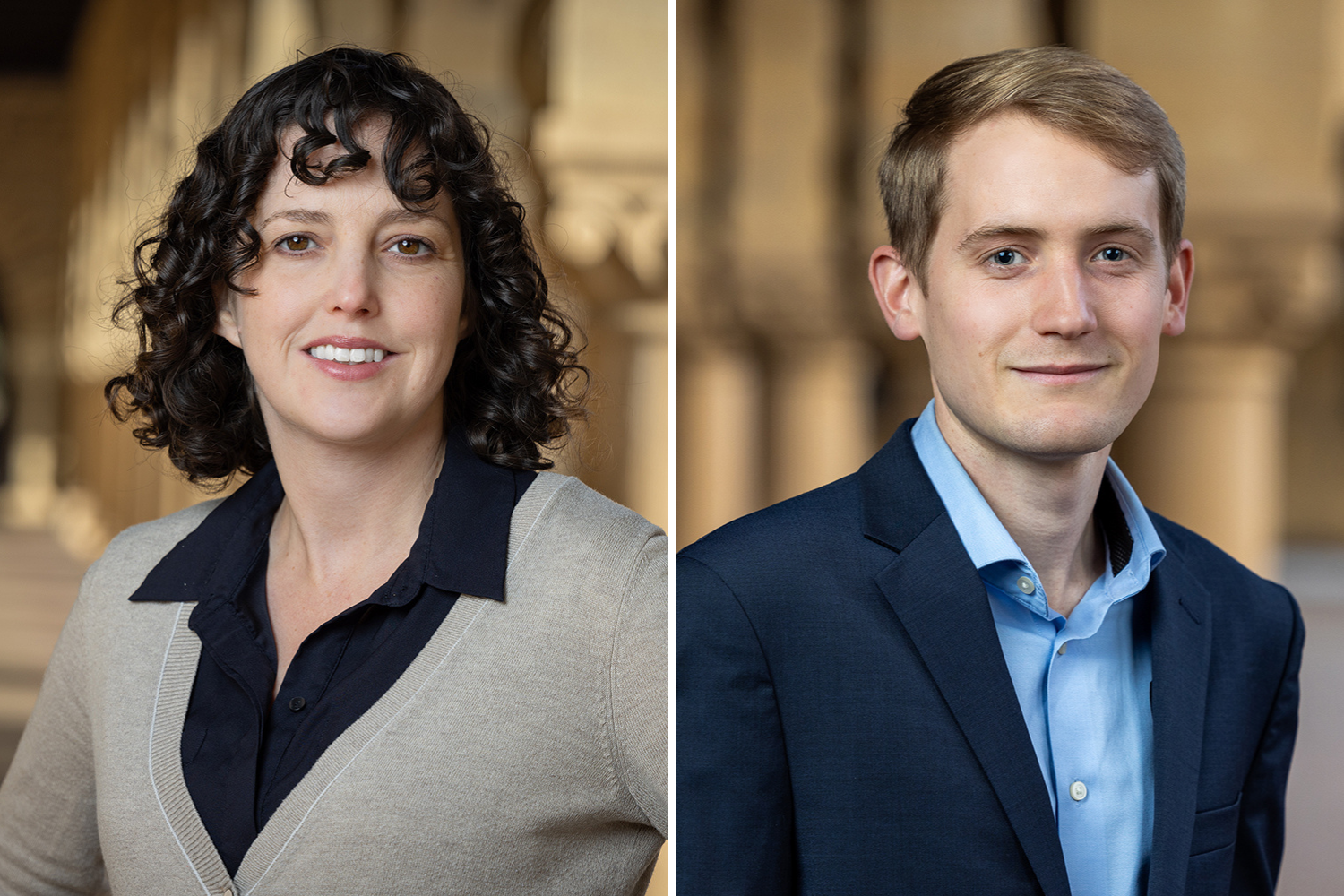 Side-by-side professional headshots of Schumer with curly dark hair and Moran in a navy blazer, both pictured in front of Quad arcade.
