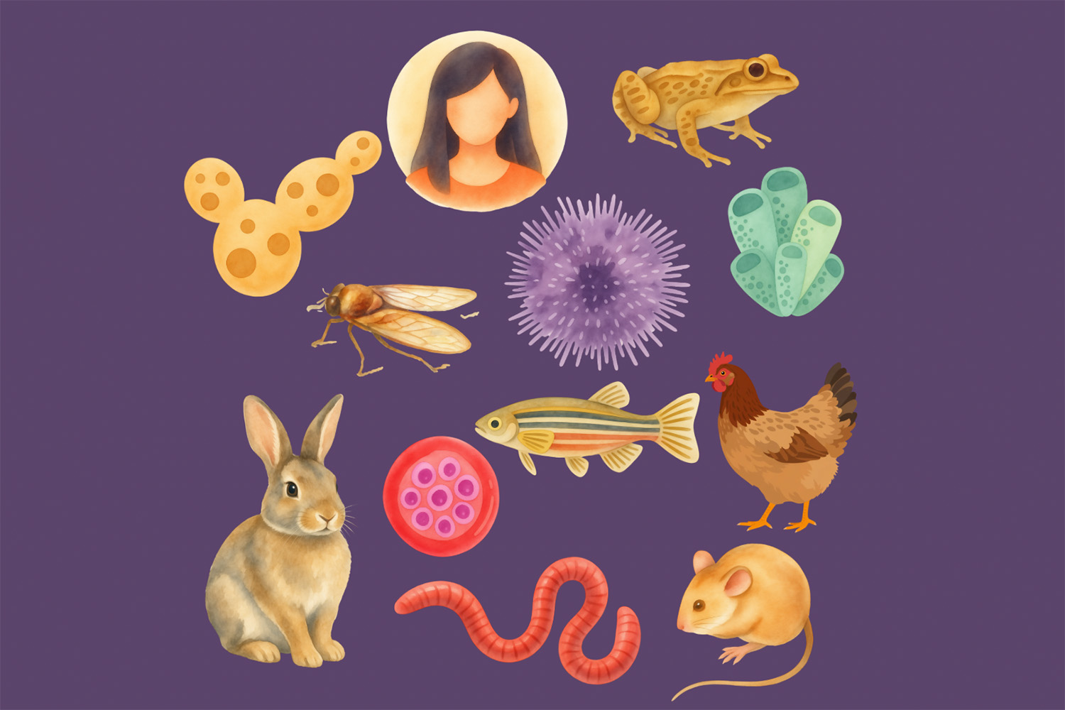 Illustration of various animals and microorganisms, including a rabbit, chicken, frog, fish, and virus, arranged on a purple background.
