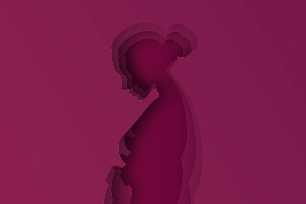 Layered paper-cut illustration in deep magenta showing the side profile of a pregnant person with head bowed and hair in a bun.