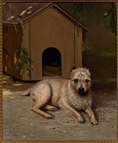 California painter and photographer Andrew Putnam Hill depicts Tootsie, the Stanford family dog, lounging in front of his dog house.