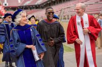 Persis Drell, left, Sterling K. Brown and Marc Tessier-Lavigne