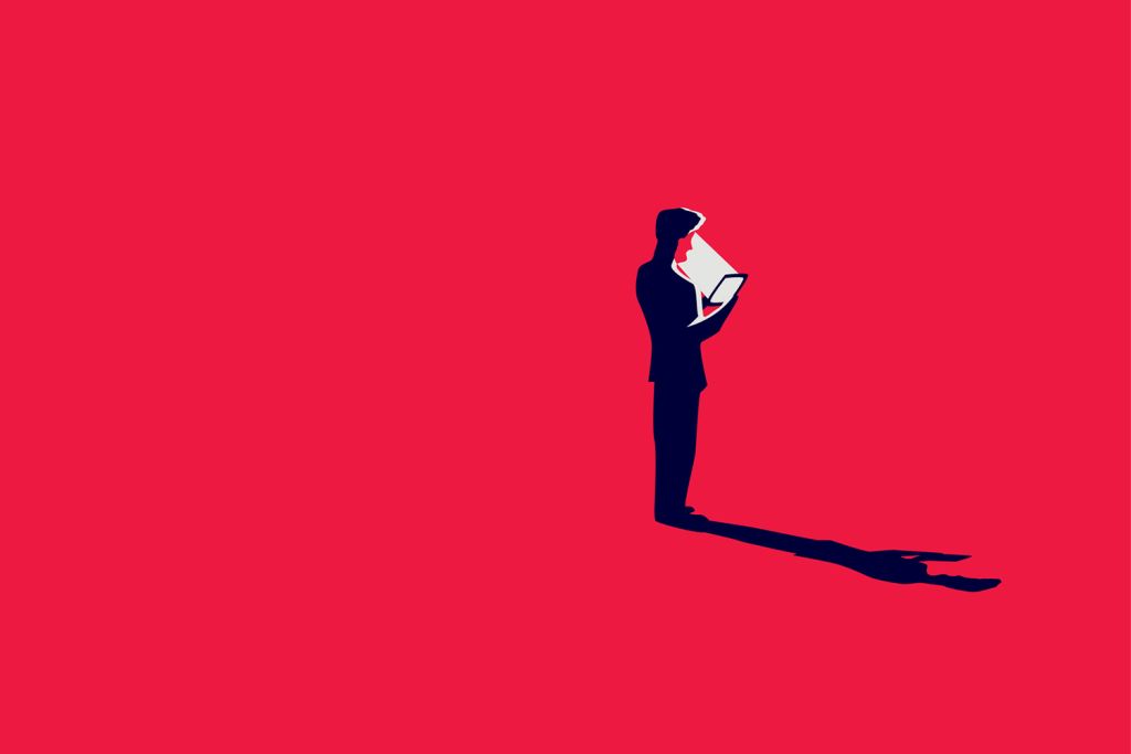 Illustration of a person reading a tablet against a bright red background.