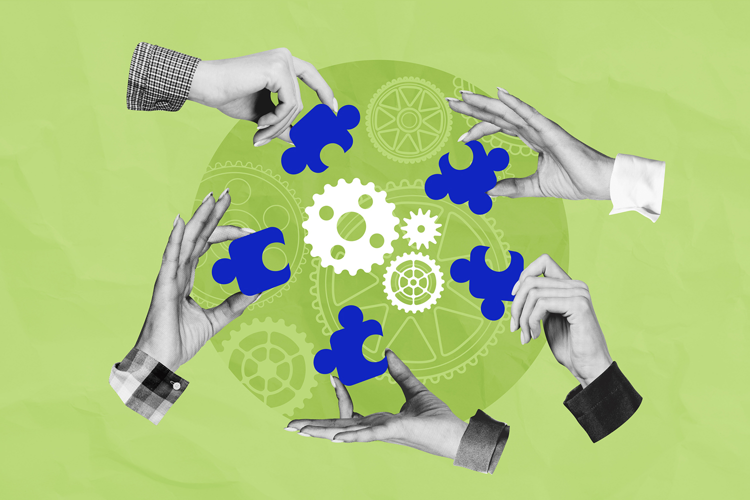 A collage shows six hands reaching toward gear icons, each holding a blue puzzle piece to represent teamwork.