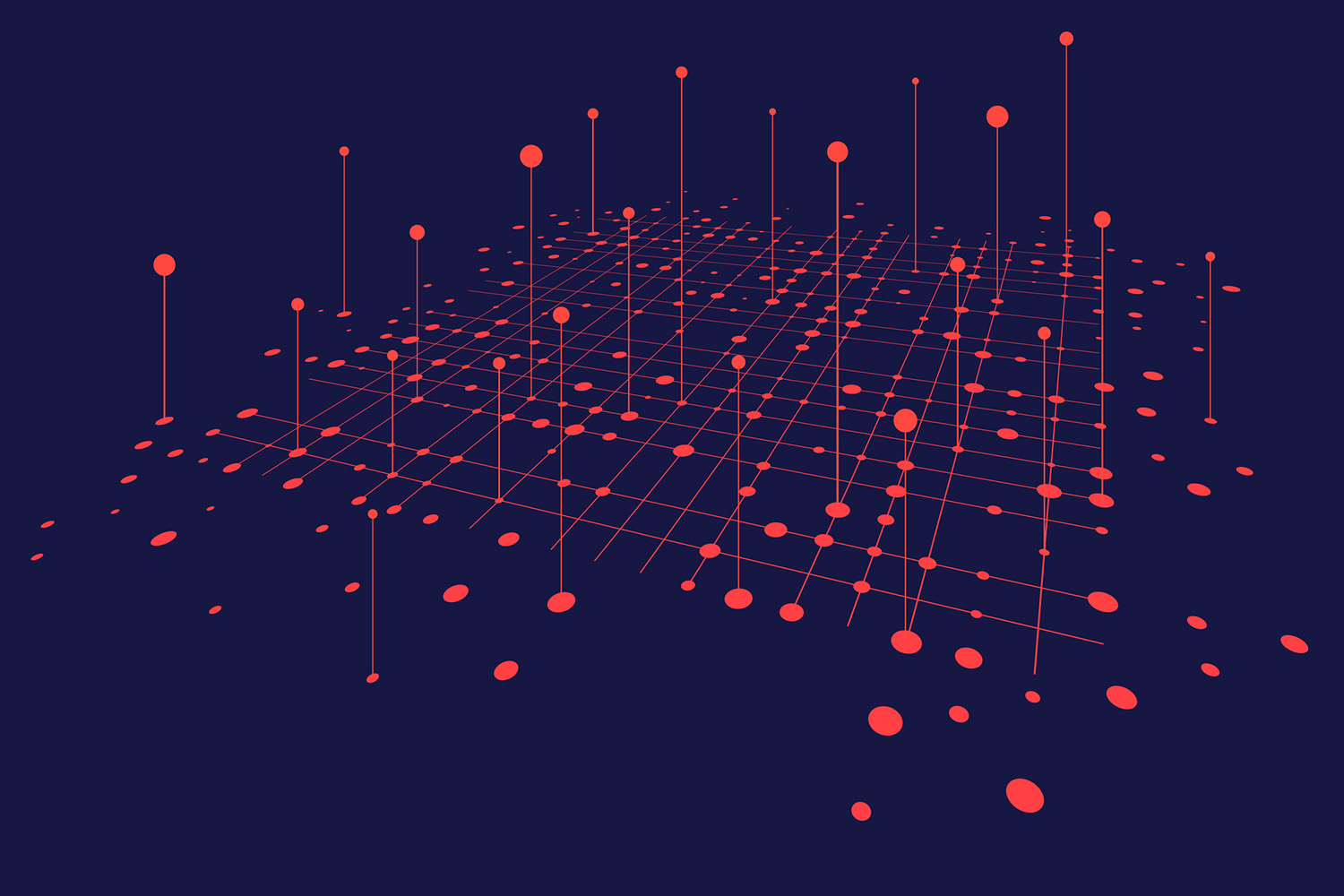 Abstract illustration of red dots and thin vertical lines rising from a perspective grid against a dark navy background.