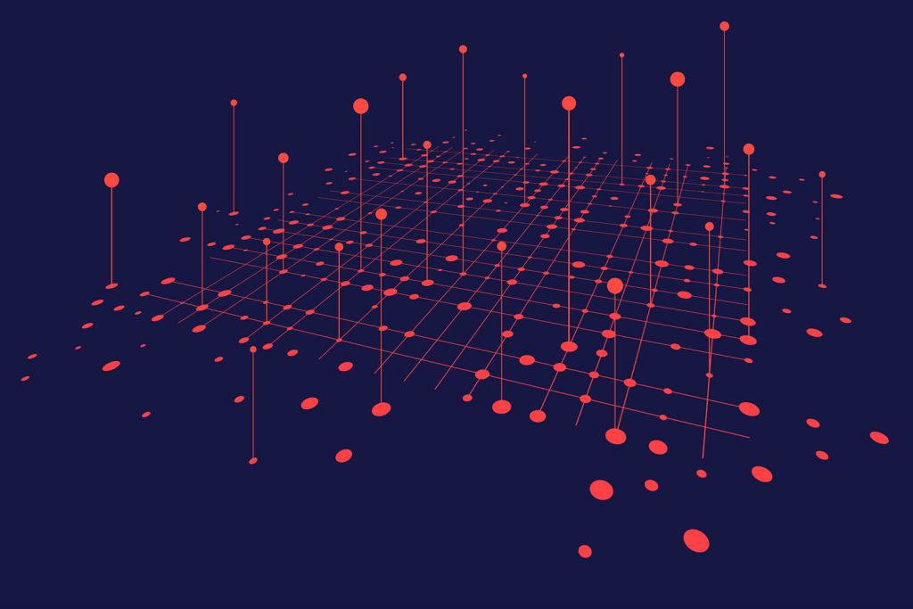 Abstract illustration of red dots and thin vertical lines rising from a perspective grid against a dark navy background.