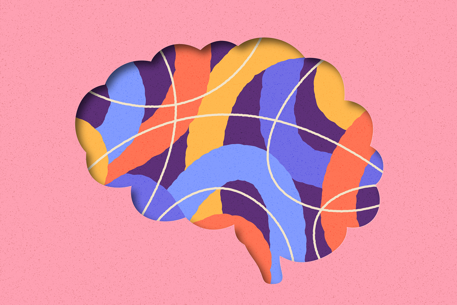 Colorful layered illustration of a brain made of overlapping paper-like shapes, representing a story about brain health or neuroscience.