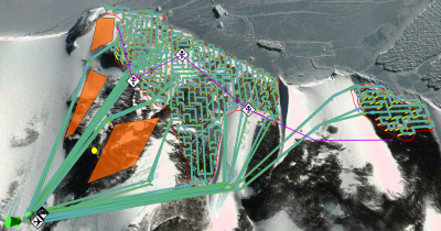Colorful virtual lines on overlaying an image of snowy Antarctic coastline