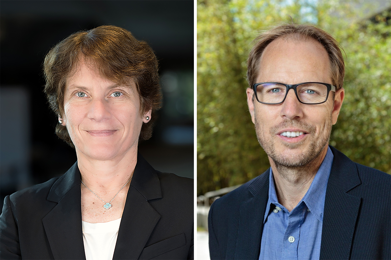 Side by side profile images of professors Carolyn Bertozzi and Tony Wyss-Coray.