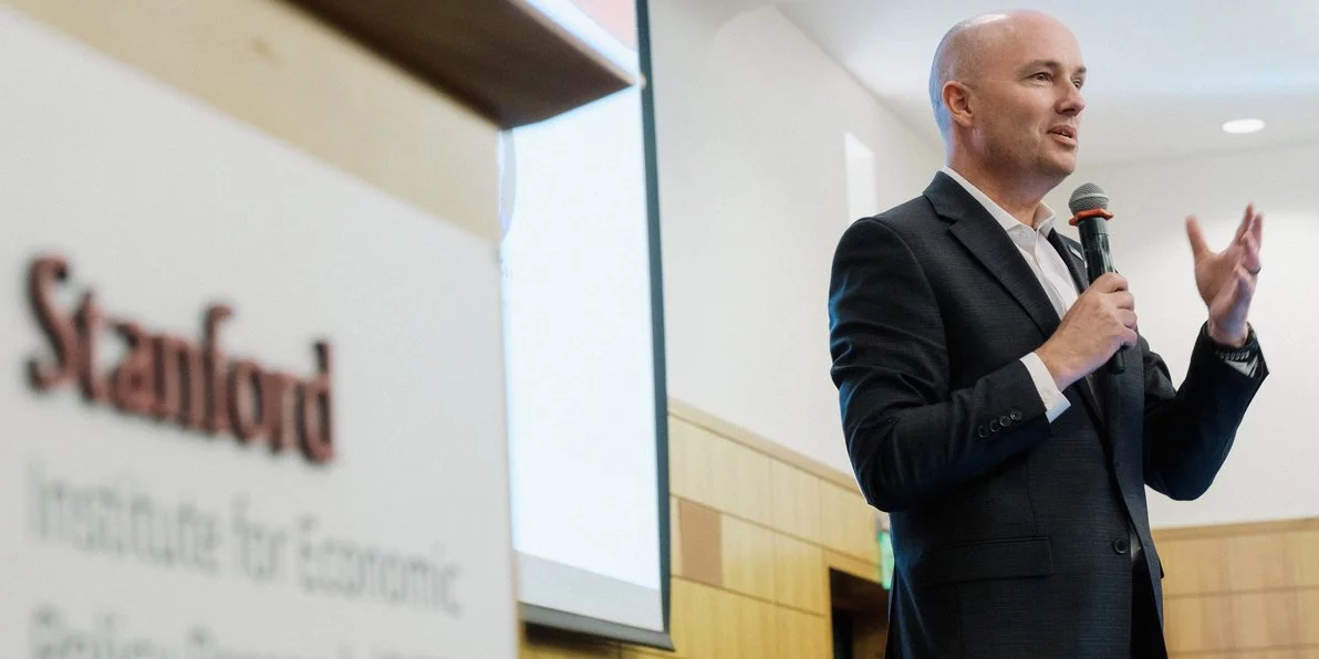 Utah Governor Spencer Cox delivers the keynote at the SIEPR Policy Forum.