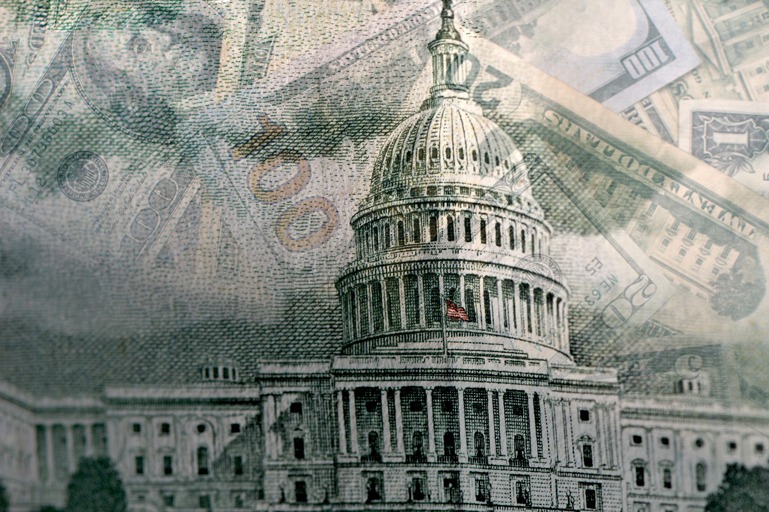 The U.S. Capitol building overlaid with images of various dollar bills.