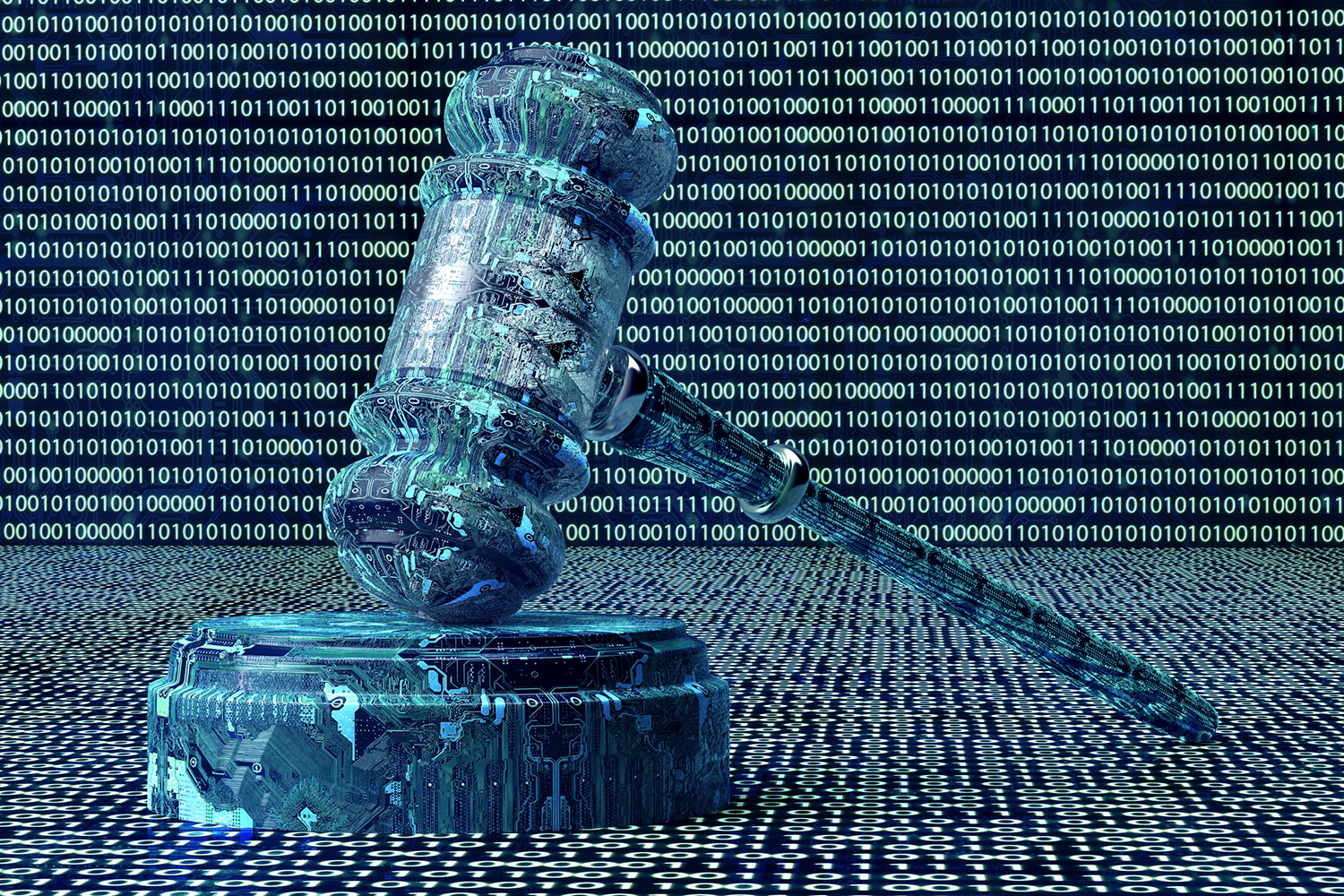 Digital illustration of a glowing blue-green gavel against a background of binary code representing AI and law.