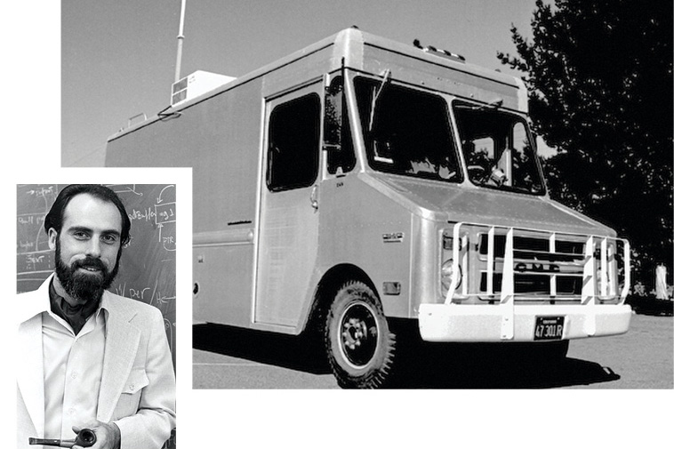 Black and white photo showing a bearded Vint Cerf at a chalkboard inset to photo of a mobile radio van.