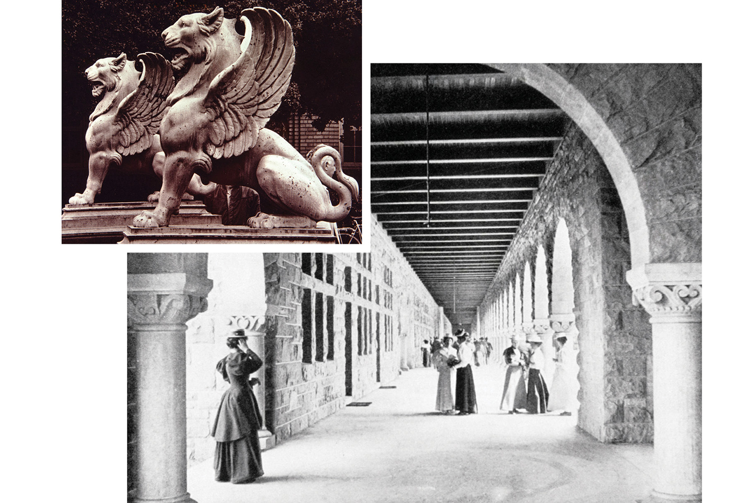 Collage of vintage photographs showing stone griffin statues, and Quad arcade with women dressed in late 19th-century dress.