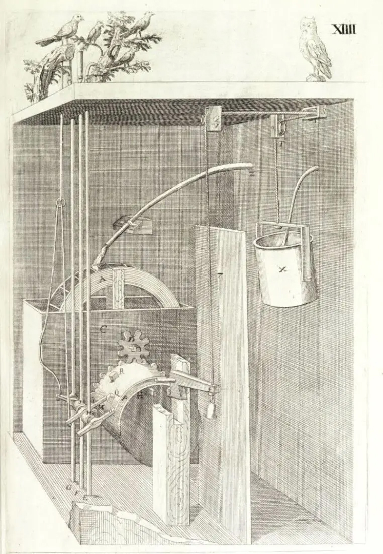 A historical illustration of a mechanical device with gears, pulleys, and a bucket, showing early engineering concepts.