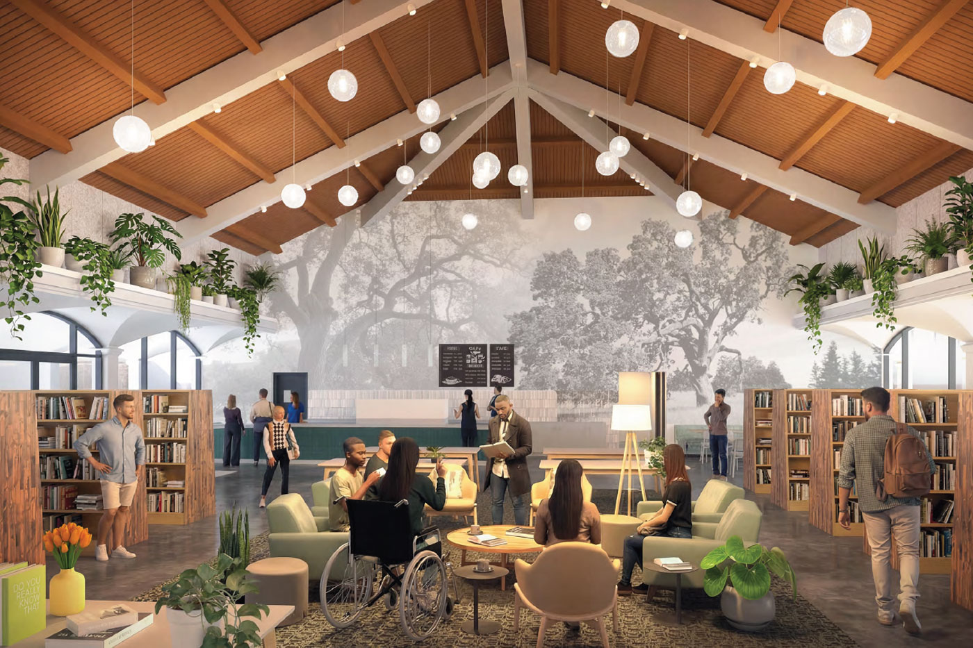 Bookstore/cafe with vaulted wood ceiling, hanging lights, bookshelves, counter and living room style seating area.