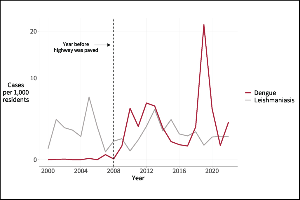Line graph showing dengue cases rising sharply after a highway was paved in 2008, while leishmaniasis rates remained relatively stable through 2022.
